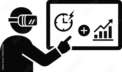 Virtual reality analytics icon illustrating immersive business performance dashboard, productivity growth visualization, futuristic data technology concept for corporate strategy training presentation