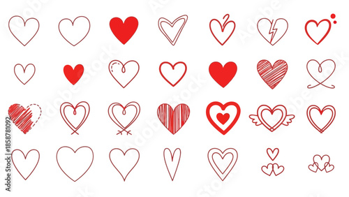 Collection of various hand-drawn heart illustrations in red and white, showcasing different styles and designs on a clean background