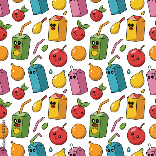 Cute Seamless Fruit Juice Box and Healthy Drink Pattern