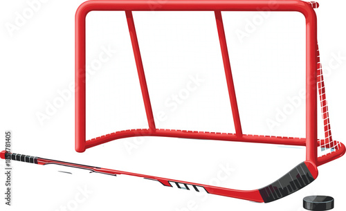 Ice hockey goal net with stick and puck, sports equipment illustration isolated on white background, winter game training concept