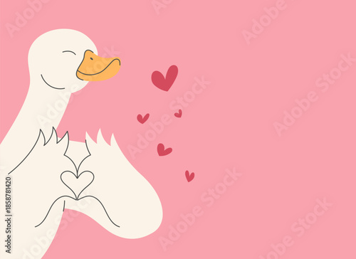 Cute hand drawn duck showing heart. Happy duck making a heart shape with wings. Vector illustration