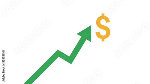 A green arrow pointing upwards towards a golden dollar sign on a white background, symbolizing financial growth