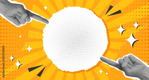 Pop art style collage background with halftone pointing hands. Vector illustration