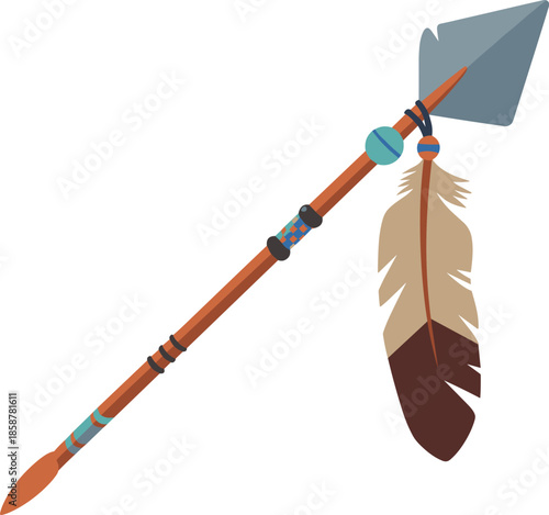 Native American spear with feather decoration traditional tribal hunting weapon flat vector illustration indigenous culture history isolated art design heritage