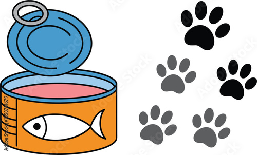 Open cat food can with fish icon and paw prints flat vector illustration pet nutrition concept isolated background design graphic