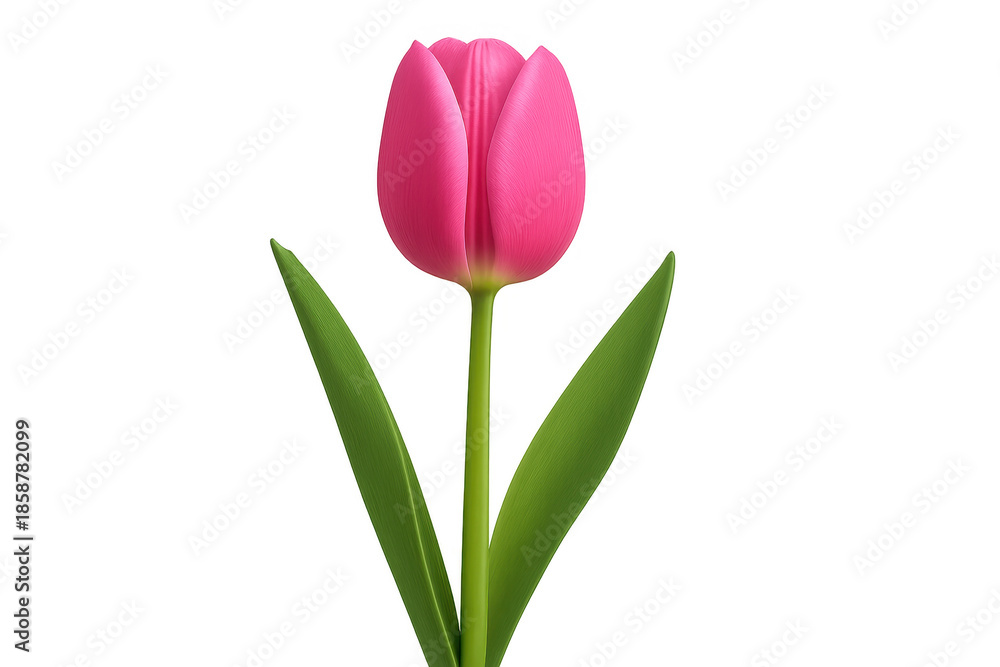 Fototapeta premium Pink tulip flower stem green leaves transparent background