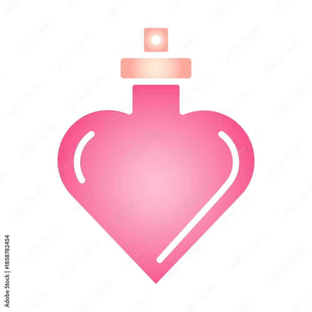 Fototapeta premium Gradient pink heart perfume bottle icon for Valentine’s Day. Shiny fragrance, romance, dating, beauty, wedding gift, and love scent symbol for perfume branding