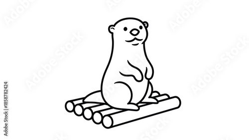 A cute cartoon black outline of an otter standing upright on a simple raft of logs on a white background