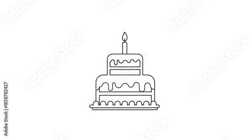 A minimalist black outline drawing of a two-tiered birthday cake with dripping icing and a lit candle