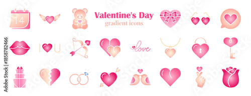 Set of 22 soft pink gradient Valentine icons. Elegant love and romance pack with heart, gift, ring, calendar, chat, and date symbols for card, wedding, app, logo, and social media design.