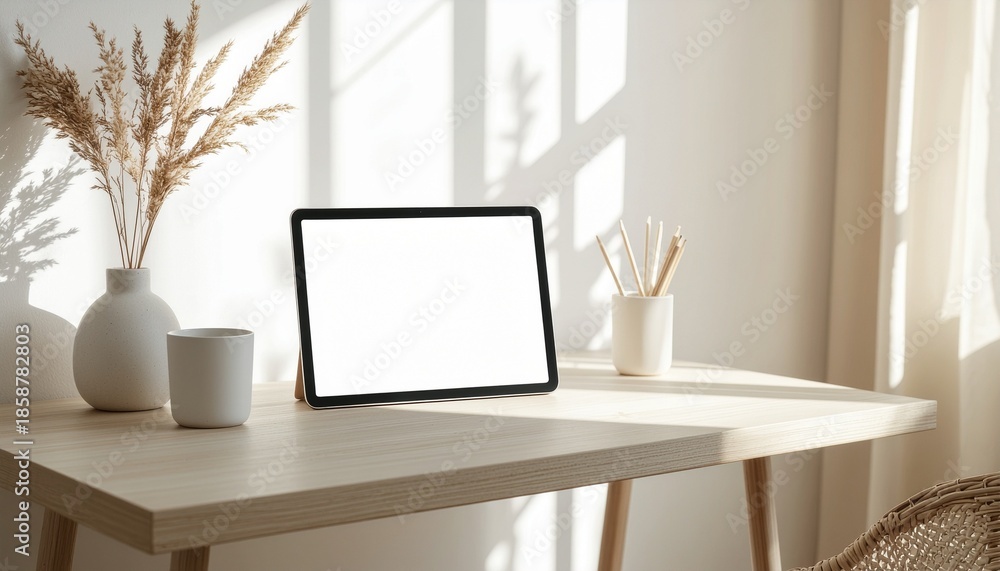 Fototapeta premium Scandinavian style workspace with tablet mockup on a light wooden desk, soft natural sunlight and minimal decor creating a clean modern interior for branding or digital screen presentation.
