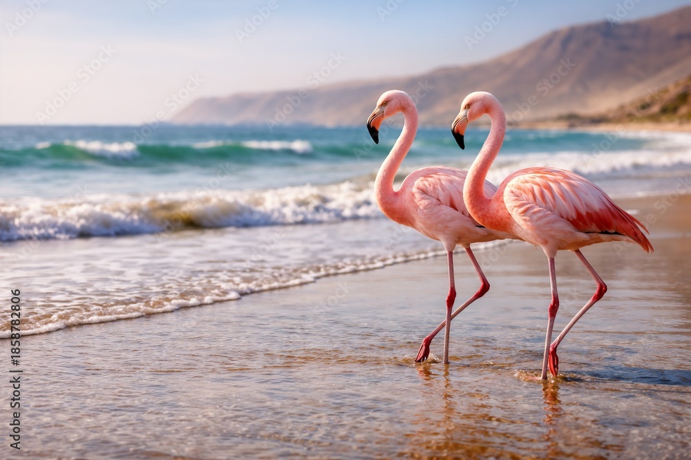 Fototapeta premium Two pink flamingos wading along the shoreline with ocean waves and mountainous landscape in the background