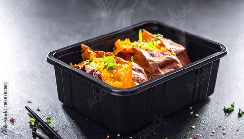 Steamed sweet potatoes in a black food container with studio lighting, highlighting a healthy diet, fiber-rich nutrition, and clean eating concept on a minimal background.