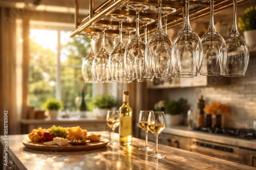 Elegant Wine Tasting Setup in Modern Kitchen with Hanging Glassware and Sunlit Background