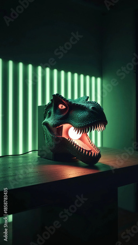 Tyrannosaurus Rex Head Sculpture with Orange Light Bulb in Dark Room
