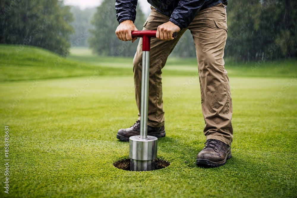 Obraz premium Man Using a Mallet to Fix a Hole on a Golf Course Green
