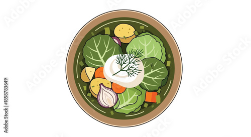 A colorful illustration of a bowl containing vegetables and creamy sauce