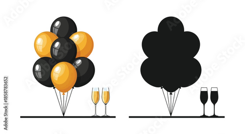 Celebration with balloons champagne glasses and a shadowy silhouette effect