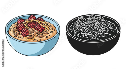A colorful and grayscale illustration of a bowl of oatmeal with raspberries and almonds