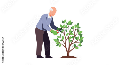 An elderly man carefully pruning a vibrant green bush in his garden
