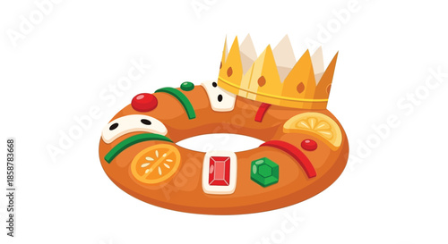 A golden crown atop a sweetly decorated ring shaped pastry delight