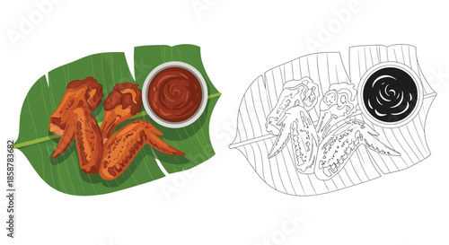 Crispy fried chicken wings served with red sauce on a banana leaf
