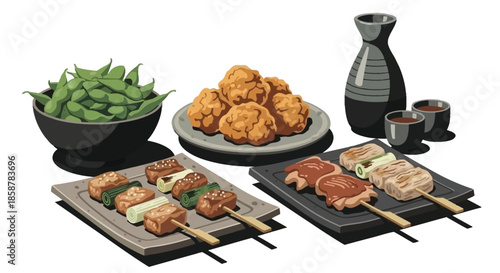 A delicious assortment of japanese cuisine including yakitori karaage and edamame