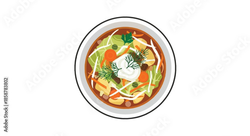 A vibrant bowl of borscht soup with a dollop of sour cream centered