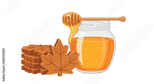 Sweet treat honey chocolate maple leaves and a jar of golden syrup
