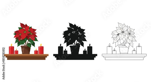 Poinsettia plant with candles in color silhouette and line art versions