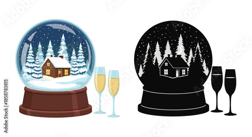 Festive winter scene inside a snow globe with champagne glasses nearby