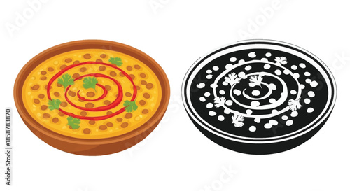 Colorful and monochrome illustration of a traditional indian thali dish