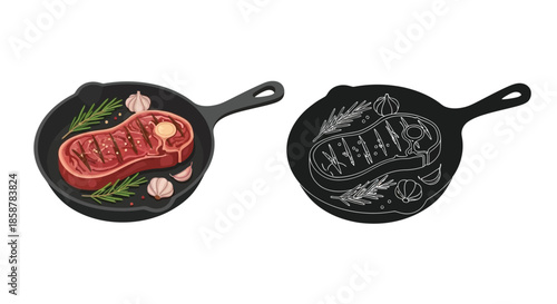 A vibrant steak illustration with a cast iron skillet and its outline