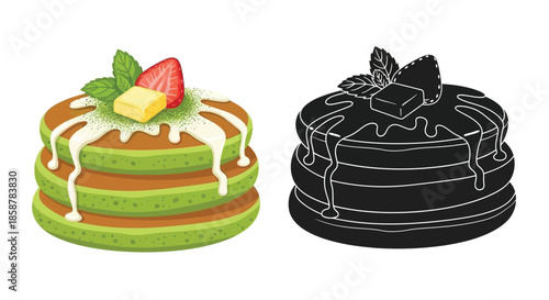 A colorful matcha pancake stack is shown alongside its monochrome outline version