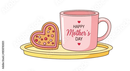 A pink mug with mother s day message and a heart shaped cookie