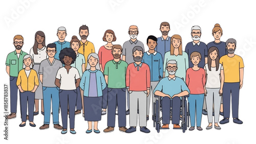 Diverse group of people standing together in a community setting viewed from the front