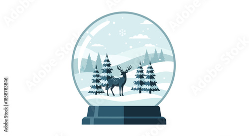 A serene winter scene featuring a reindeer inside a glass snow globe