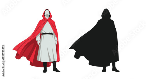 Figure in hooded robe with vibrant red cape and its corresponding shadow