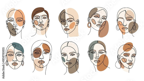 Diverse Female Faces with Various Makeup Styles Illustrated in a Modern Art Piece