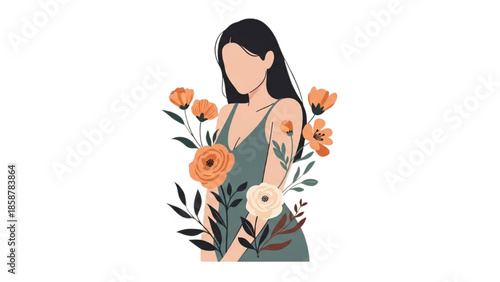 Woman holding a rabbit surrounded by flowers in a serene illustration