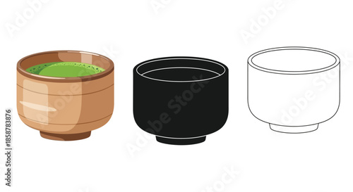 Three ceramic cups showcasing color outline and a blank template design