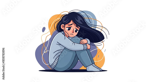 A young woman sitting on the floor with her head in her knees, surrounded by swirling lines, illustrating sadness and emotional distress in a simple illustration.