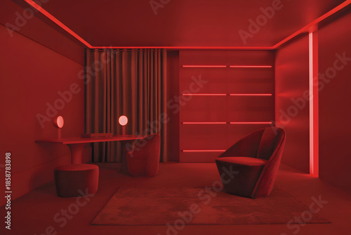 Monochromatic Red Interior Design with Modern Furniture and Neon Lighting