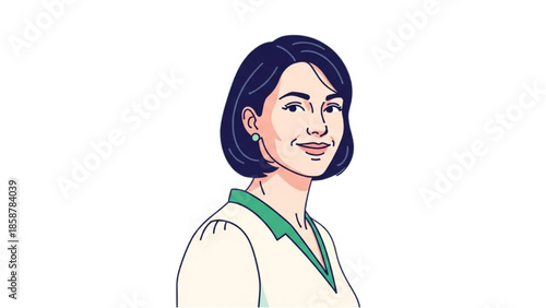 Illustration of a smiling woman with dark hair wearing a white shirt with a green collar
