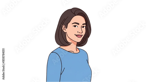 Illustration of a smiling woman with brown hair wearing a blue shirt