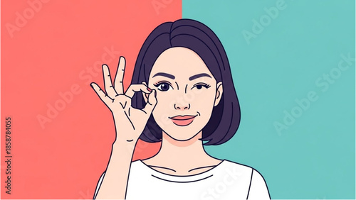 A young woman gesturing okay while talking on a mobile phone against a split red and blue background.