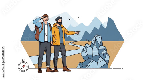 Two explorers examining a rocky terrain in a mountainous landscape