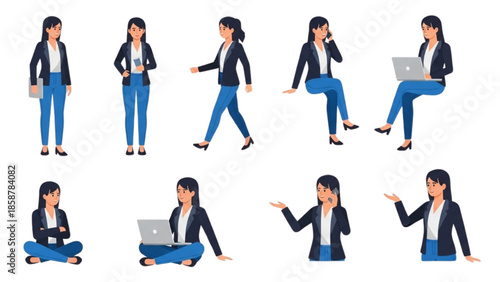 A professional woman engaging in various work-related activities with laptops in different poses and environments