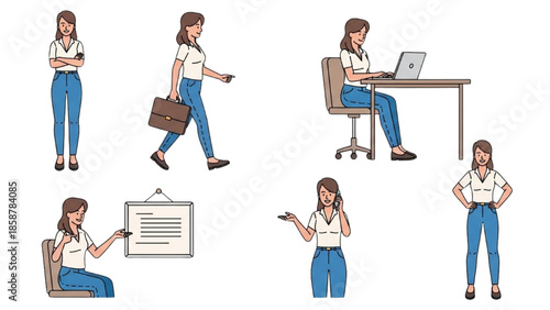 A businesswoman in various professional settings, showcasing different work-related actions and environments.