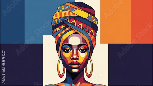 Vibrant Portrait of a Woman Wearing a Colorful Headwrap and Hoop Earrings Against a Geometric Background
